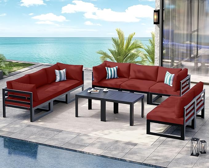 NICESOUL 8 Person Modern Aluminum Patio Furniture Set, 500 lbs Heavy Duty Sturdy Outdoor Sectional Sofa, 29" Deep Wide Large Seating, L Shaped Modular Conversation Couch for Garden Backyard, Burgundy