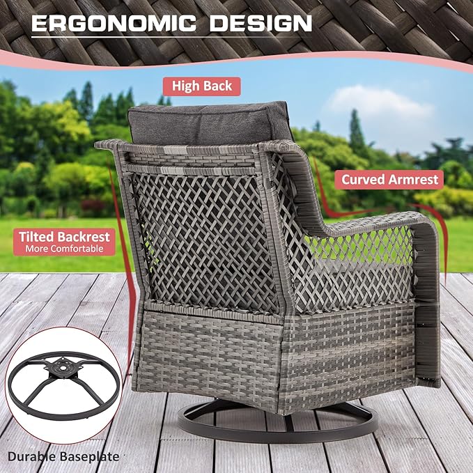 6 Pieces Wicker Patio Furniture Set Conversations Sets, 2 Outdoor 360° Swivel Rocking Chairs, Patio Swivel Glider Chair with Table and Ottoman for Garden, Poolside, Backyard (Grey)