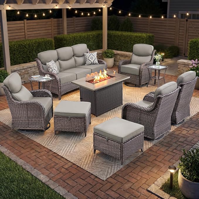 Luxury Swivel Rocker Chairs Fire Pit Set with 6" Thick Cushion 10 piece Wicker Outdoor Patio Chair with Sofa and Ottoman,Comfortable High Back Outdoor Patio Furniture Set - Brown | Gery