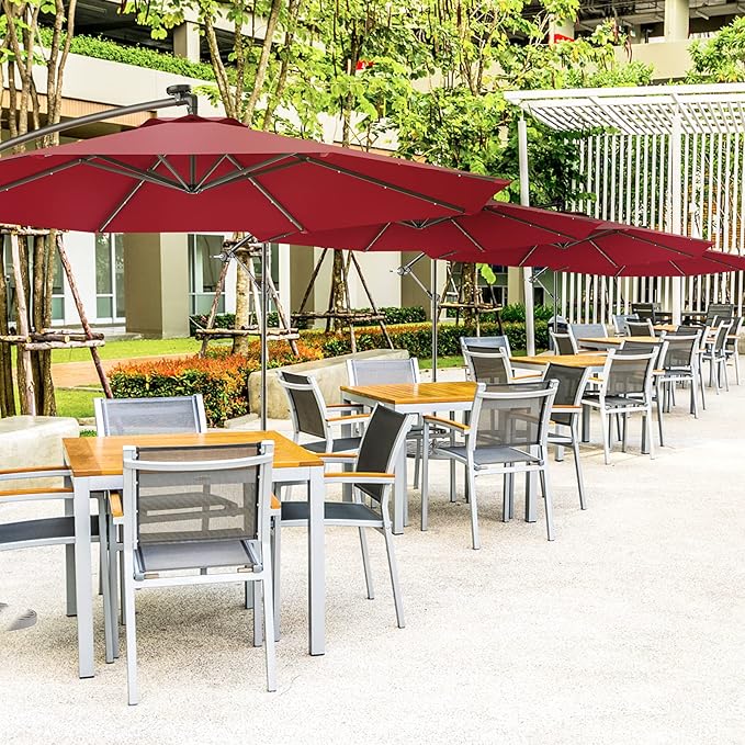 Tangkula 10FT Outdoor Patio Umbrella Solar LED Lighted Sun Shade Market Umbrella with Hanging Cover and Cross Base (Burgundy)