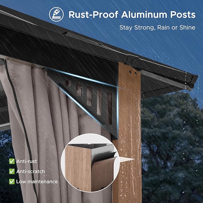 SUNJOY Kingston 14' x 12' Hardtop Gazebo with Curtain, Netting and Galvanized Steel Double Roof, Woodgrain Finish Aluminum Posts Permanent Pavilion Gazebo for Garden, Patio, Deck, Lawn
