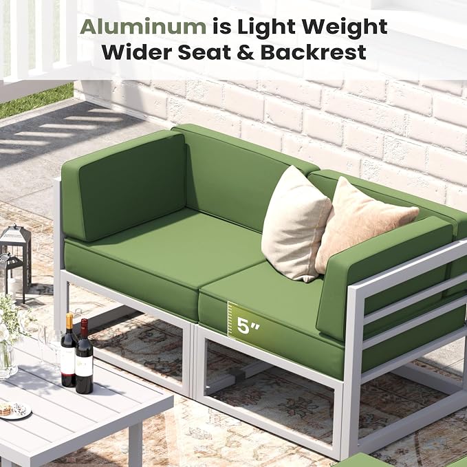 7 Piece Aluminum Patio Furniture Set with Waterproof Cover & 5" Thick Cushions, Aluminum Outdoor Sectional Conversation Set with Coffee Table Ottoman for Porch, Backyard(Light Grey/Green)