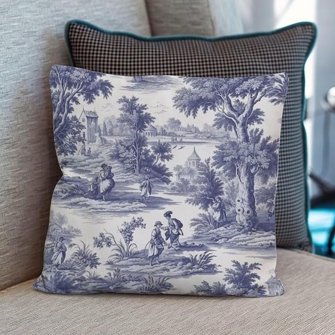Navy White Blue Decorative Toile Print Cushion Cases French Charmed Life Toile Throw Pillow Cover Modern Throw Pillow Covers Farmhouse Decorative for Patio Tent Couch 20x20 in
