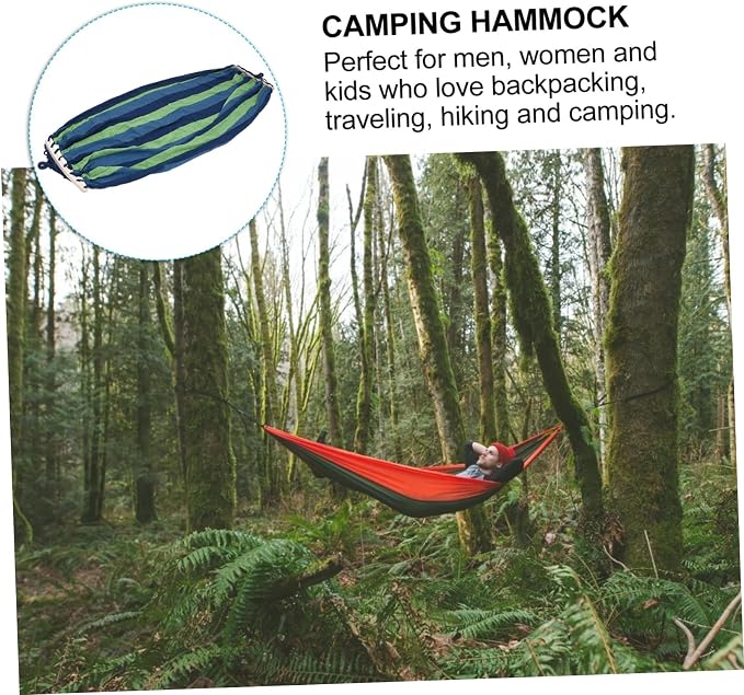 Portable Outdoor Travel Hammock Striped Canvas Swing Bed Lightweight Breathable Easy Assembly for Camping Beach Backyard Use