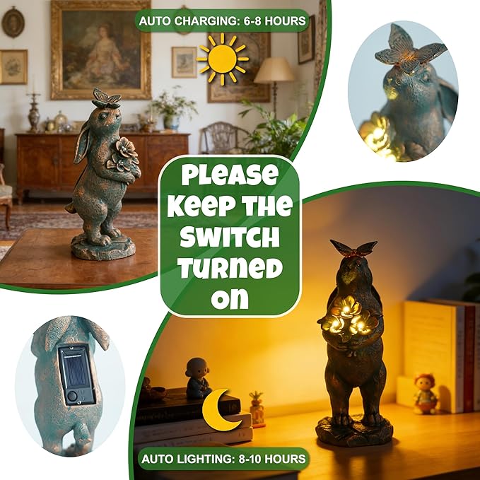 Solar Garden Statues, Resin Bunny Statue w/ Flower, Waterproof Figurine Rabbit Solar Lantern for Outside Yard Outdoor Home Patio Lawn, Solar Animal Lights for Adults Women Birthday Easter Gifts