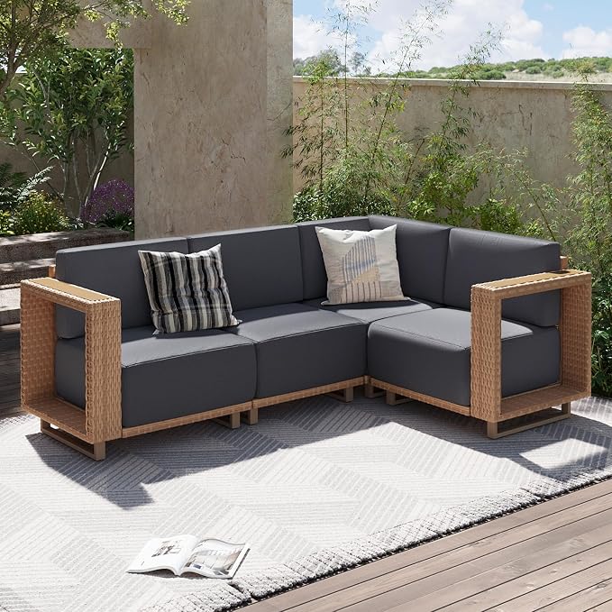 Aoxun Patio Furniture Set, 4 Piece Outdoor Wicker Sectional Sofa Set, All-Weather Rattan with 10'' Ultra-Thick Cushions, Outdoor Conversation Set for Backyard, Poolside and Garden, Yellow/Dark Gray