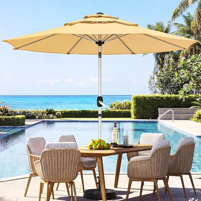 9FT 3-Tier Aluminum Outdoor Patio Umbrella, Fade-Resistant Market Umbrella with Push Button Tilt Function, 8 Sturdy All-Aluminum Ribs for Gardens, Patios, Backyards & Pools