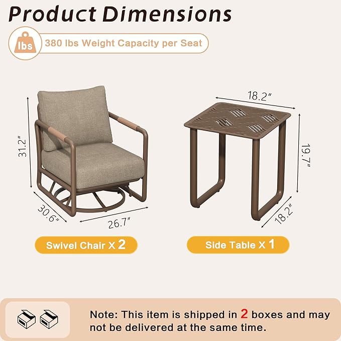 3-Piece Aluminum Outdoor Swivel Rocker Chair Set, 360° Swivel and Rocking Patio Chairs with 6.5-Inch Thick Cushions and Side Table, All-Weather Conversation Sofa for Backyard, Deck, Porch, Balcony