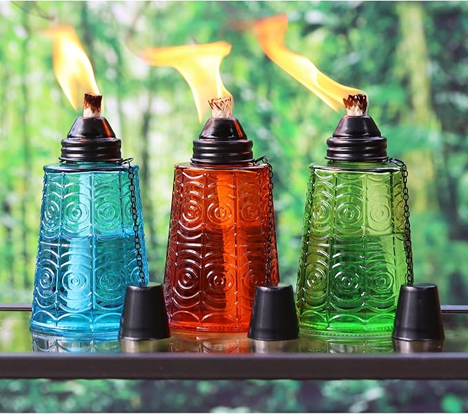 Seraphic Citronella Table Top Torches for Outdoor Patio, 16oz Decorative Glass Torch Citronella Candles for Outside Deck, Garden, Parties, Set of 3, Assorted