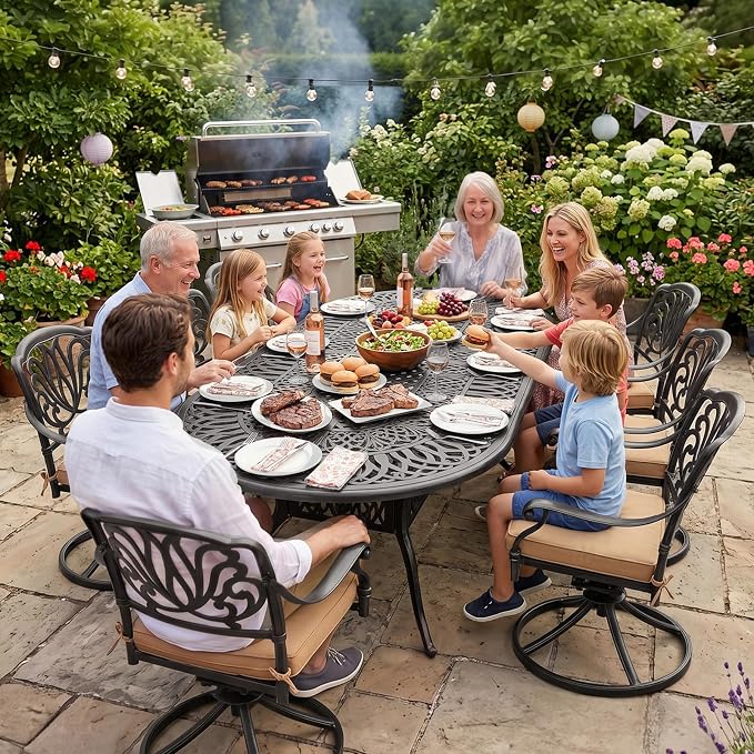 VIVIJASON 9-Piece Patio Furniture Dining Set, All-Weather Cast Aluminum Outdoor Conversation Set, Include 8 Swivel Dining Chairs and an Oval Table with Umbrella Hole for Lawn Garden Backyard