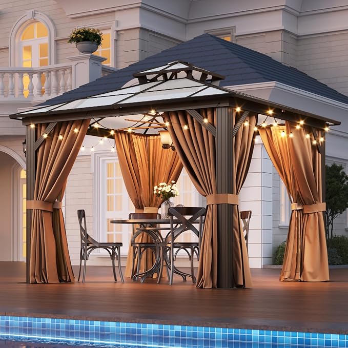 Aoxun 10'x10' Hardtop Gazebo, Outdoor Metal Gazebo with Double Polycarbonate Roof Canopy, Permanent Pavilion with Netting and Curtains for Lawn, Garden, Patio (Khaki)