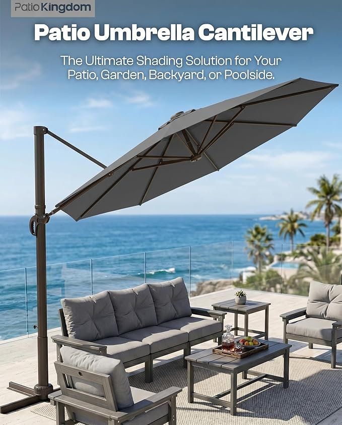 10 FT Round Cantilever Umbrella,Easy Tilt, Fade Resistant & 360° Rotation, Offset for Pool Deck Backyard Patiocharcoal gray (Base not Included)