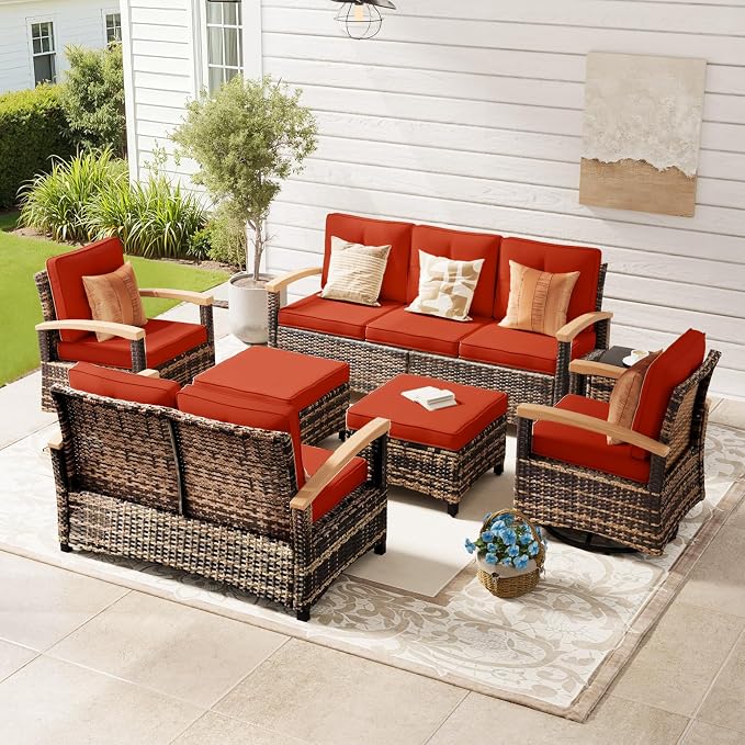 MEISSALIVVE 7 Pieces Outdoor Patio Furniture Sets, Wicker Patio Conversation Sets with 2 Wood Armrests Swivel Glide Chairs, Outdoor Couch for Deck Yard and Poolside (Red)