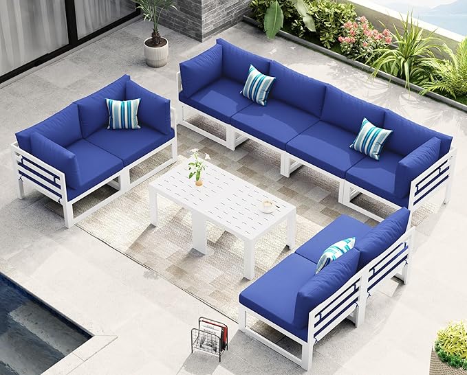 NICESOUL 8 Seat Large Modern Aluminum Outdoor Sofa, 29" Deep Wide Seated, 500 lbs Durable L Shaped Sectional Set for Heavy People, UV Resistant Modular Patio Furniture Set for Backyard Lawn, Navy Blue