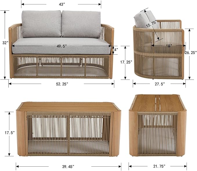 2-Seater Rope Sofa Set with Table, Patio Rope Chairs Set of 2, Rope Patio Furniture Set, Outdoor Deck Chair with Cushions, Aluminum Outdoor Loveseat in All Weather, Beige