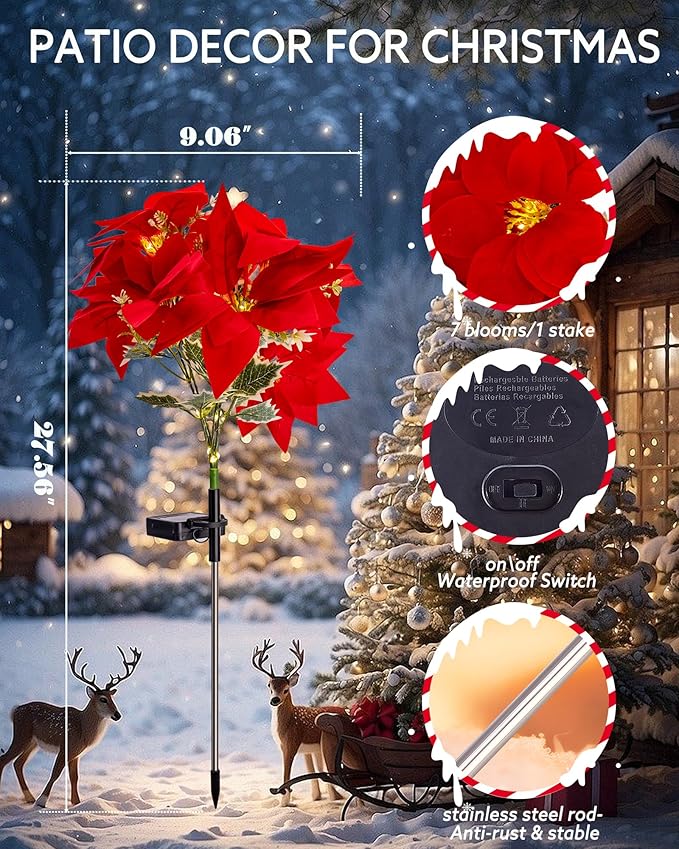 Solar Christmas Flower Lights-IP65 Waterproof XS Pathway Lights,Outdoor Christmas Decorations with 7 Bouquets/1 Stake,Unique Flower Design Complement The Christmas Trees for Garden/Yard/Patio,2 Packs