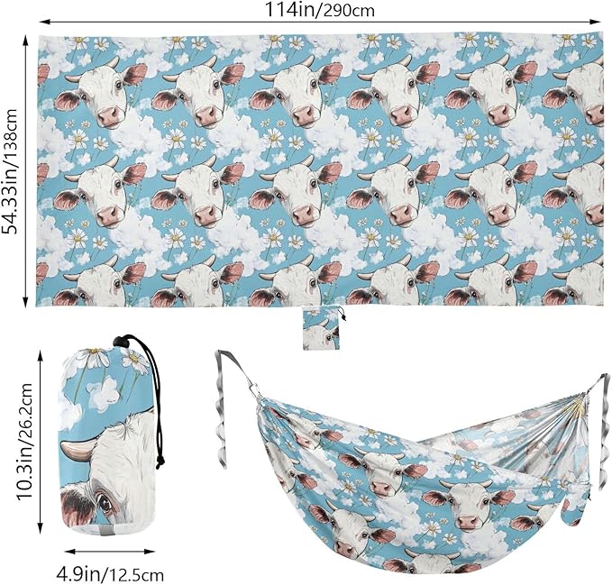 Cartoon Cute White Cow 330lb Capacity Camping Hammock Cloth Hammock for Outside Patio Garden hamacas para adultos