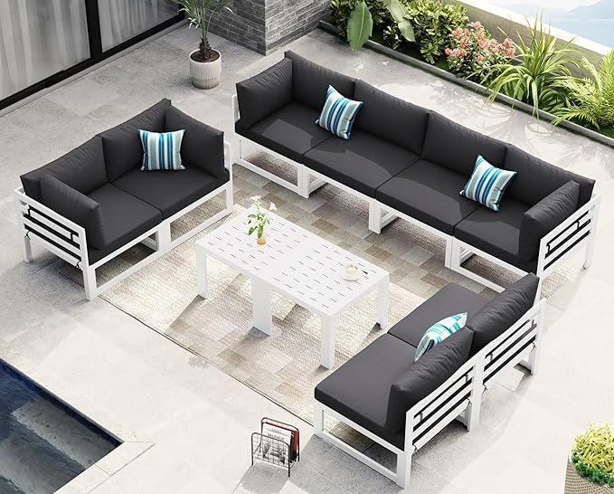 NICESOUL 10 Piece Oversized Modular Aluminum Outdoor Furniture Set with Coffee Table, 29" Deep Wide Sectional Seating, 500 lbs High Weight Capacity Patio Conversation Set for Garden Deck, Dark Gray