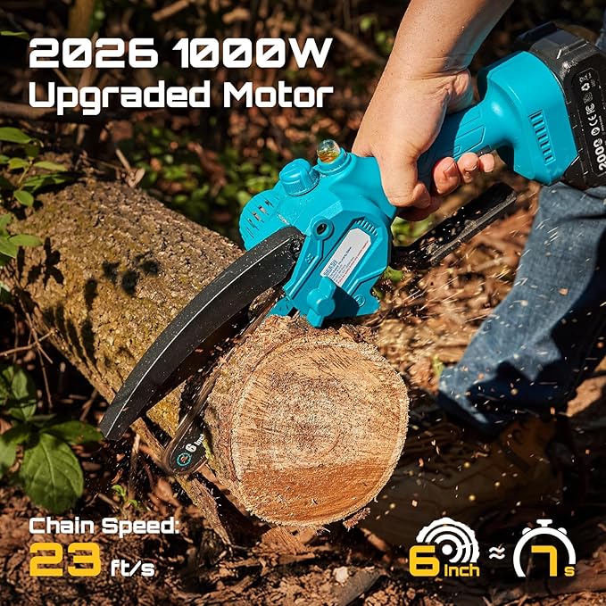 SEESII Chainsaw 6 Inch Mini Electric Chainsaw Cordless Battery Powered, 2026 Upgraded Hand Held Saw with 2x2000mAh Batteries for Wood/Tree Trimming, Chain Saw Gift for Men Husband Father Gardener