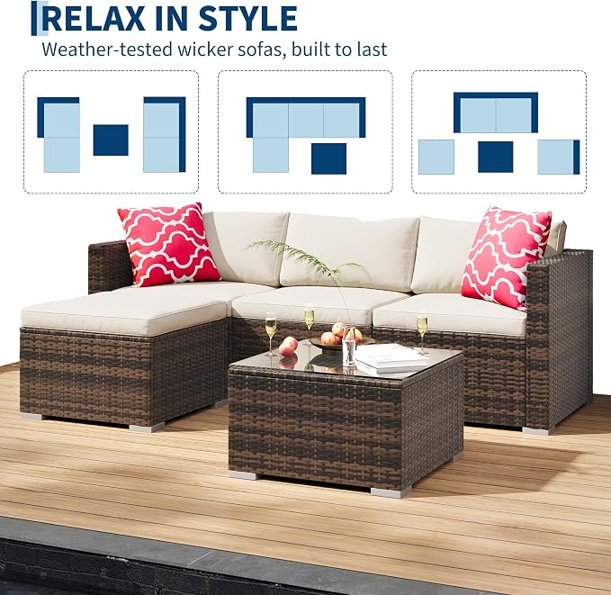GarveeHome 5 Pieces Patio Sectional Furniture Set, All Weather Wicker Rattan Sectional Sofa, Patio Conversation Set with Cushions and Glass Coffee Table for Backyard Porch Garden Balcony, Beige