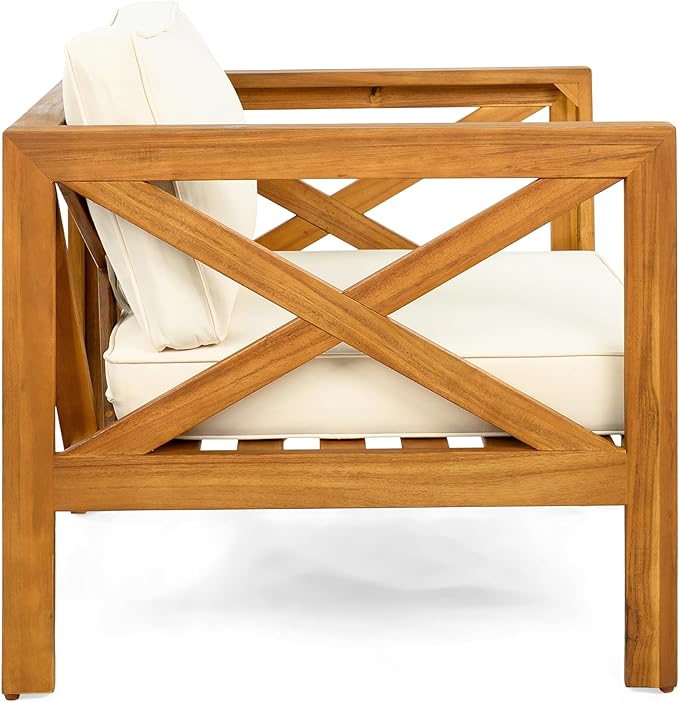 Christopher Knight Home Lucy Acacia Wood Outdoor Patio Furniture Set, 3 Pieces Patio Set, Round Side Table and ArmChairs Conversation Set with Cushion for Garden Lawn Balcony, Beige + Light Teak