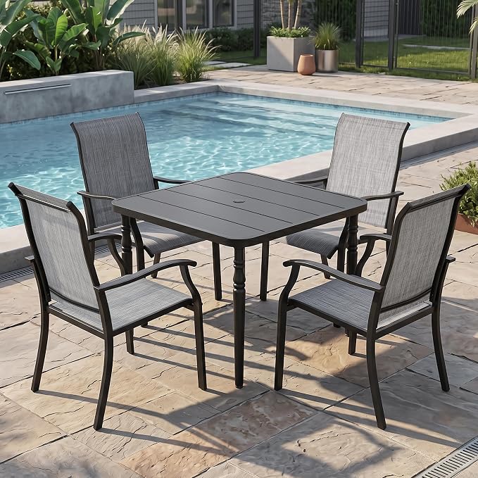 NUU GARDEN 5-Piece Patio Dining Set with Umbrella Hole, Outdoor Dining Set with 4 Textilene Chairs and 1 Square Metal Table, All Weather Patio Furniture Set for Backyard, Garden, Gray and Black
