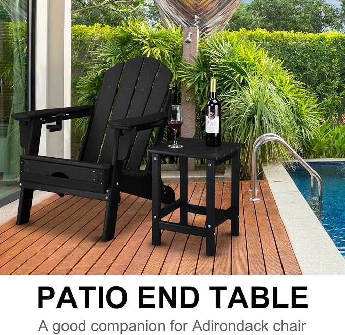 Adirondack Side Table - Waterproof & Colorfast HDPE Plastic with Square Slatted Top, 14x14x18.5 in, Black