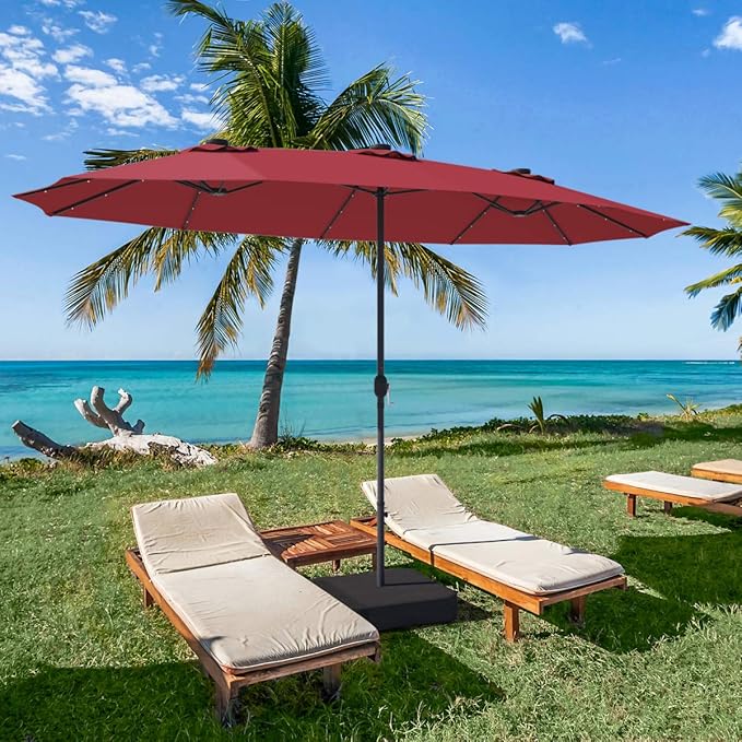 Tangkula 15 Ft Double Sided Patio Umbrella with Solar Lights, Extra Large Rectangle Outdoor Umbrella with 36 LED Lights & Crank Handle for Deck, Poolside, Garden, Backyard (Burgundy)