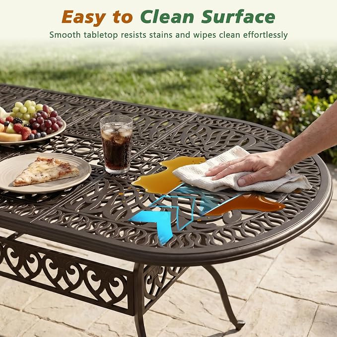 Patio Dining Table, 87" Outdoor Patio Table with Umbrella Hole Bronze Oval Cast Alluminum Patio Metal Dining Table, Outdoor Furniture for Backyard Lawn Balcony Deck