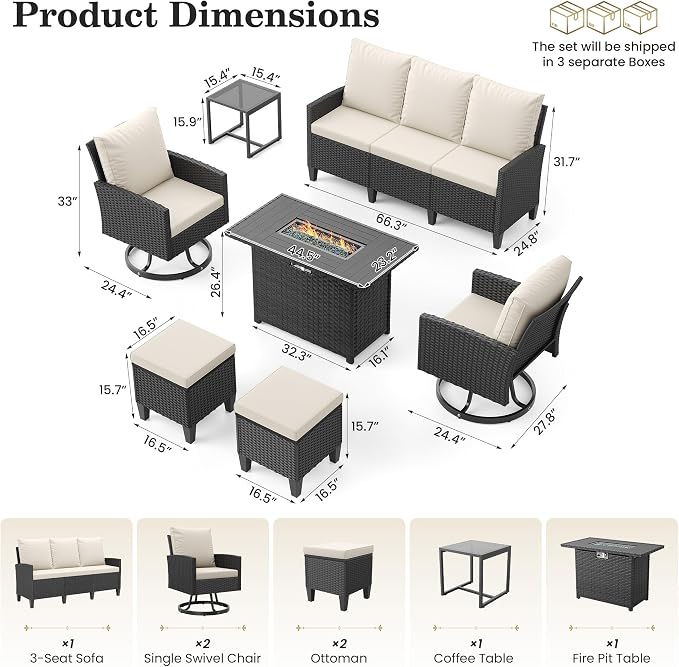 Amopatio Patio Furniture Set with Fire Pit Table,7 Pieces Conversation Sofa with 360° Swivel Chairs, All Weather Wicker Outdoor Furniture for Backyard Garden Pool Deck,Beige