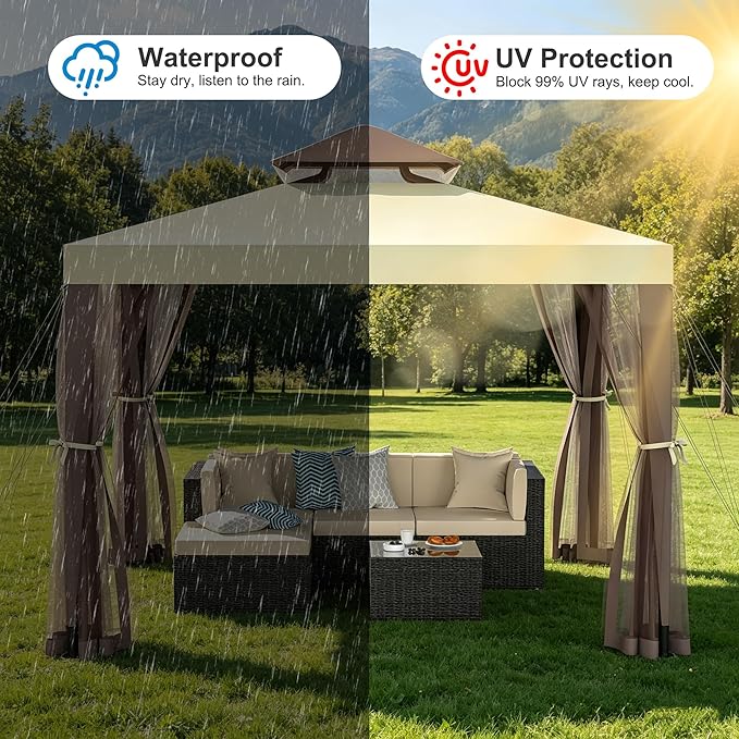 Outdoor Gazebo for Patio, 10×10 Canopy Tent with Mosquito Nettings & Double Roofs, Easy Setup Canopy Shelter for Party, Patio Gazebo for Lawn, Backyard, Garden (Beige, 10'x10')
