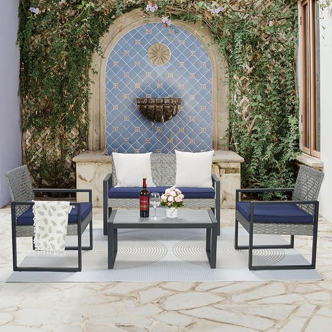 Outdoor Patio Furniture Set, 4 Piece Rattan Wicker Sectional with Loveseat Couch Sofa, Coffee Table and Chairs, Conversation Seating for Balcony, Porch, Deck, Backyard, Muebles de Exterior