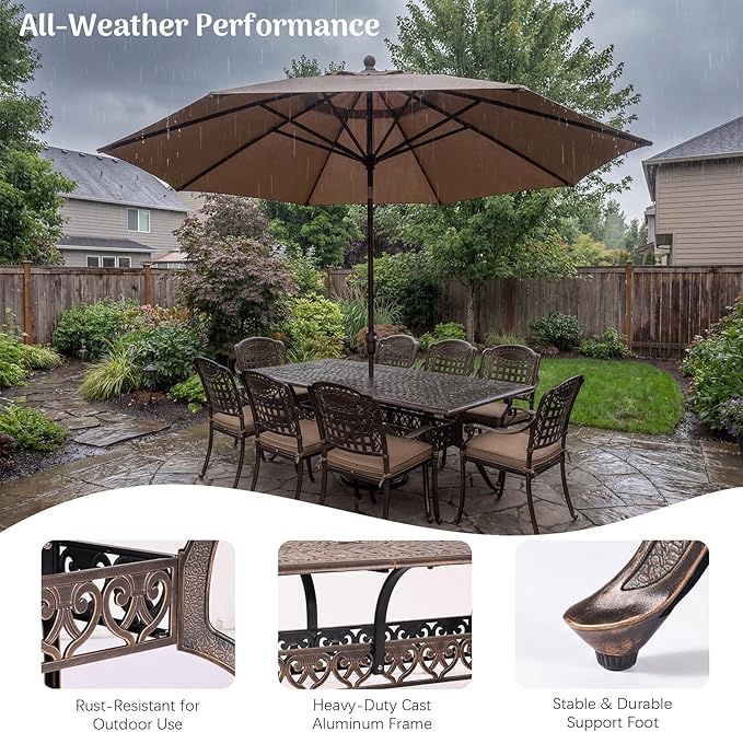 Redlife 9-Piece Cast Aluminum Outdoor Dining Set, 86" Rectangular Patio Table with Umbrella Hole, 8 Stackable Chairs with Cushions, Lattice Backrest, All-Weather Waterproof Patio Furniture Set
