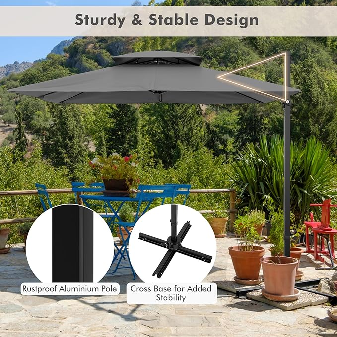 Tangkula 9.5 FT Cantilever Patio Umbrella, Outdoor Square Offset Umbrella with 360°Rotation, Double Top Heavy Duty Patio Hanging Umbrella with Cross Base for Garden Deck Pool Backyard (Grey)