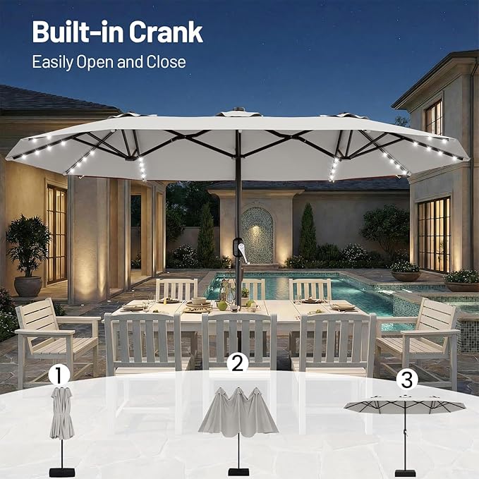 AreShark 13 FT Patio Umbrella with Solar Lights, Double-Sided Outdoor Table Umbrellas with Crank, Large Rectangular Market Umbrella for Porch, Lawn, Pool, Backyard, Light Gray