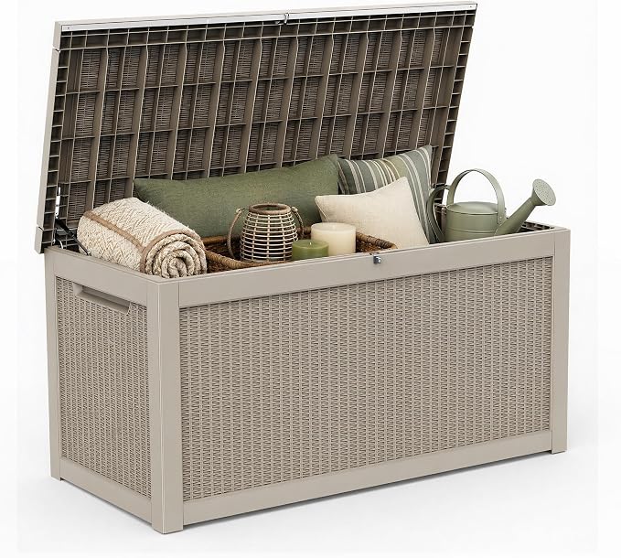 320 Gallon Heavy Duty Wicker Outdoor Storage Box, Weather Resistant Rattan Textured Lockable Large Container for Backyard, Pool & Patio Bulk Outdoor Item Storage (Grey,320GAL)