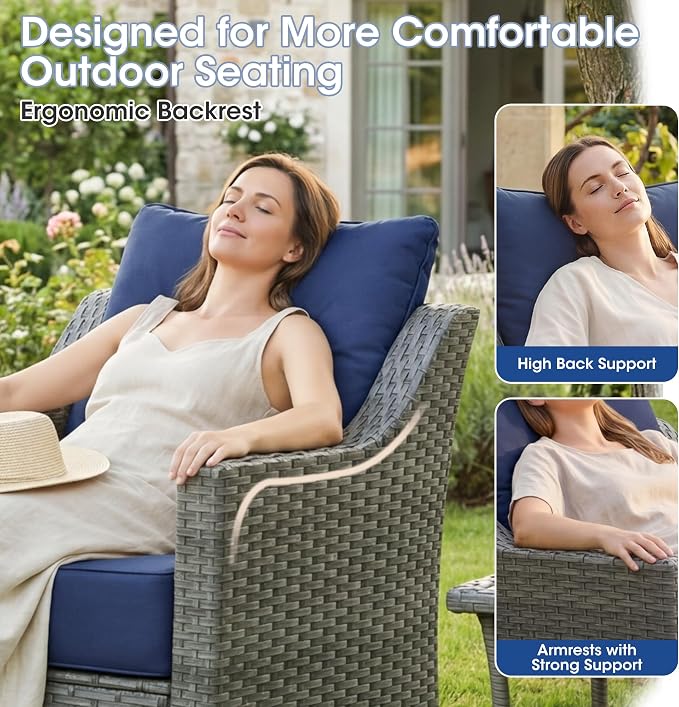 3 Piece Patio Furniture Set, Grey Wicker Outdoor Conversation Set with 2 Swivel Rocker Chairs and Side Table, 6-Inch Thick Cushions, High Back Seating, Blue Covers for Porch, Deck