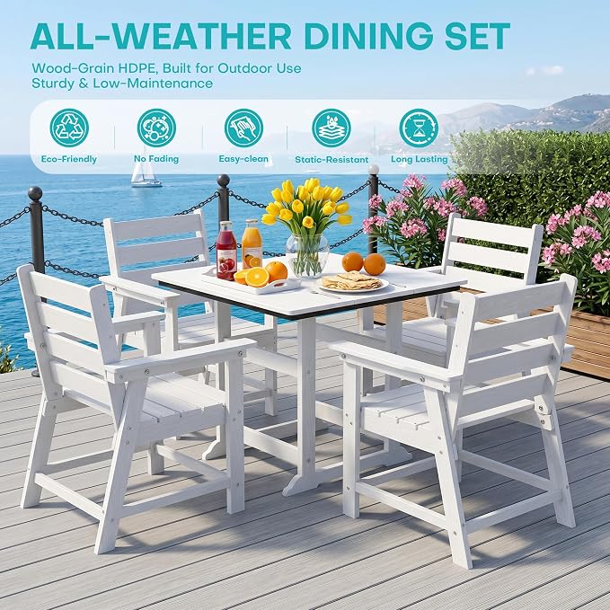 5 Piece Patio Dining Set, HDPE All-Weather Furniture with 4 Chairs & 1 Square Table, for Backyard, Garden, White