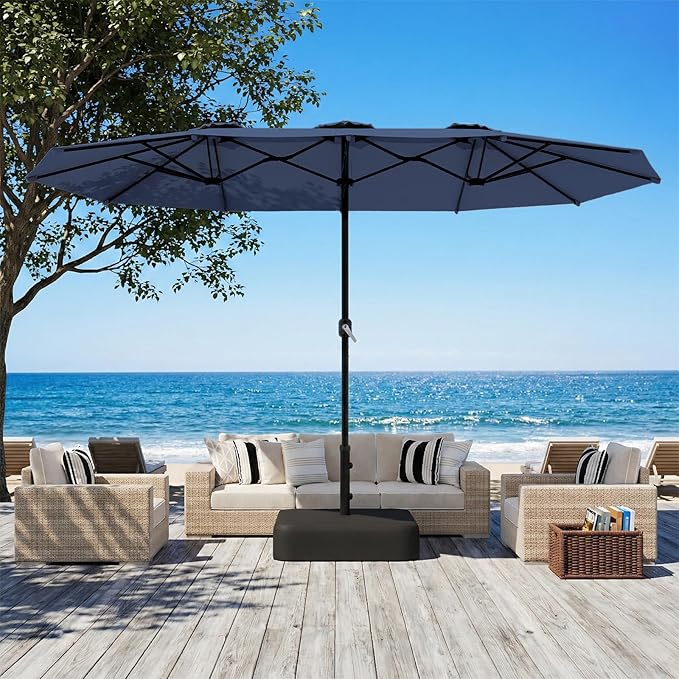 AECOJOY 15x9ft Patio Umbrella with Base Included, Outdoor Double-Sided Rectangle Umbrella with Crank Handle, Market Umbrella for Deck Pool Patio Garden(1.9" Pole, Navy)
