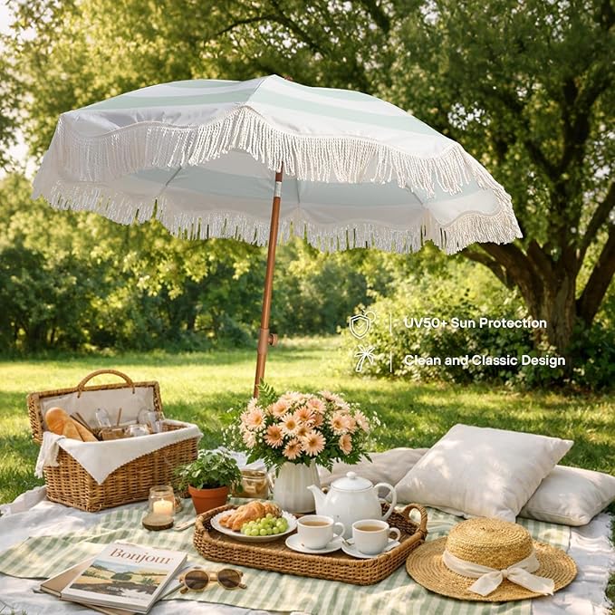 AMMSUN Boho Fringe Umbrella Outdoor Patio, 6.5ft UPF50+ Picnic Umbrella with Tassels with Steel Pole and Push Button Tilt, Vintage Green Stripe