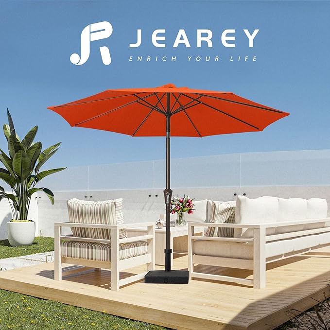 JEAREY 10FT Outdoor Patio Umbrella Outdoor Table Umbrella with Push Button Tilt and Crank, Market Umbrella 8 Sturdy Ribs UV Protection Waterproof for Pool, Garden (Orange)