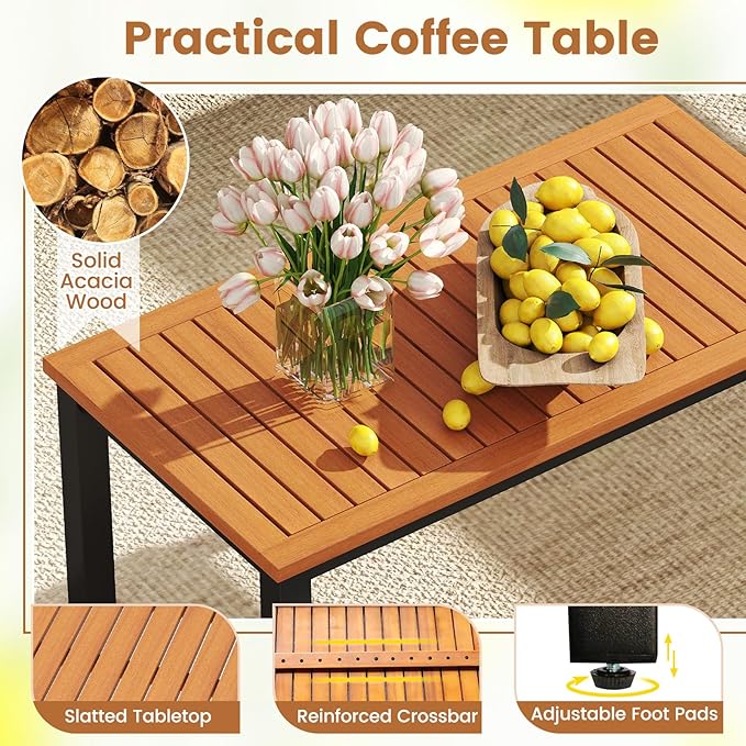 Tangkula 4 Pieces Patio Furniture Set, Outdoor Conversation Set with Acacia Wood Coffee Table, Cushioned Loveseat & 2 Single Armrest Chairs, for Porch, Garden, Backyard, Poolside