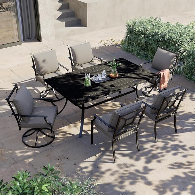 Grand patio Outdoor Patio Dining Set for 6 E-Coated Outdoor Furniture Set 7-Piece with 4 Swivel Dining Chairs & 2 Fixed Dining Chairs &1 Rectangular Dining Table with Umbrella Hole, Grey
