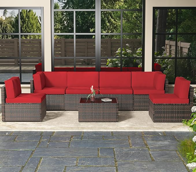 AECOJOY 7 Piece Outdoor Patio Furniture Set, Outdoor Sectional Conversation Furniture Chair with Coffee Table,Patio Sectional for Garden,Backyard(Red Cushions and Brown PE Rattan)