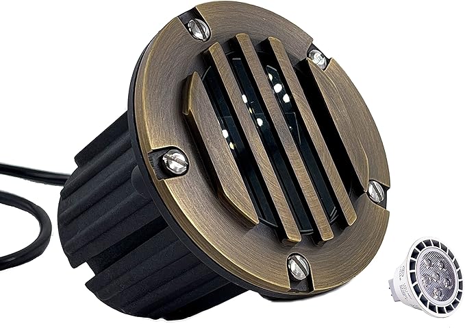 LED Low Voltage Landscape Lighting Well Lights 112 - Solid Brass In Ground Lights for Outside, Long Lasting Home and Garden 12 Volt Landscape Lighting with MR16 7W LED Bulb, Ground Spake & Connectors