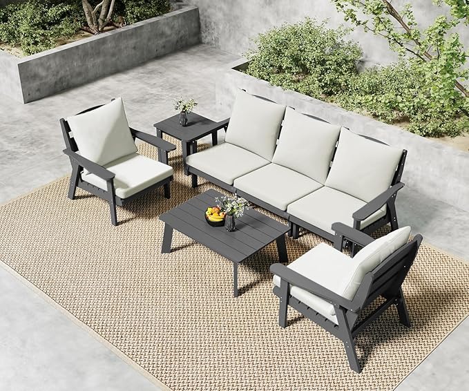 FOOWIN 7-Piece Patio Furniture Set, HDPE All-Weather Outdoor Conversation Set with Thick Cushions, Sectional Patio Sofa Furniture for Deck, Porch, Lawn, Garden, Grey Frame & White Cushion