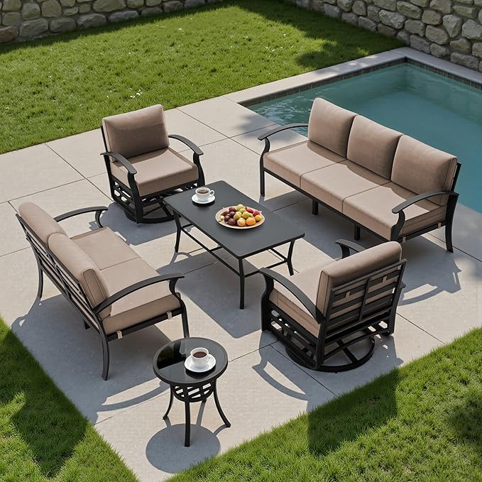 Kullavik Aluminum Patio Furniture Set with Rectangular Coffee Table,7-seat Metal Outdoor Sectional Furniture w/5.1" Cushions,Patio Conversation Sets for Garden,Backyard,Porch-Sand