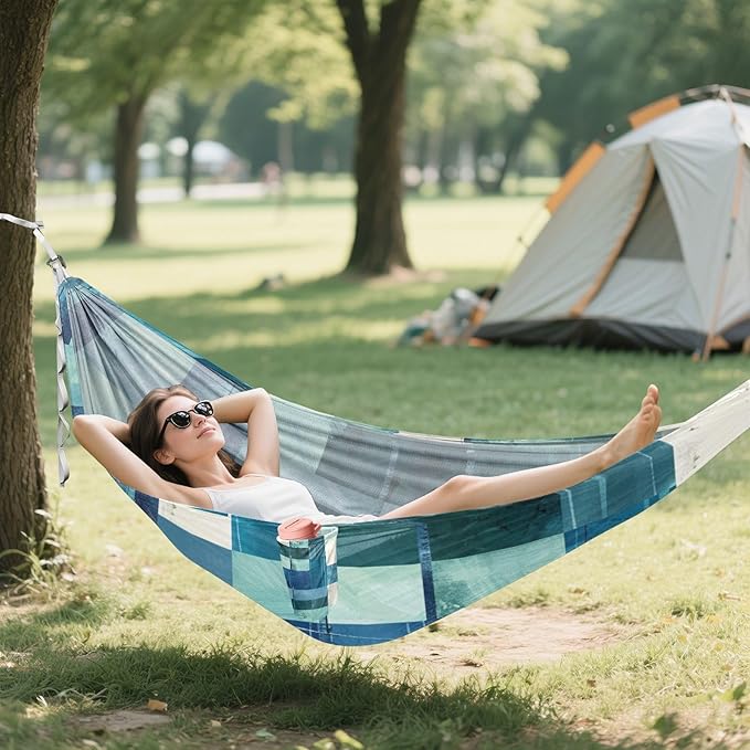 Square Geometric Plaid Stripe Embroidery Robin Blue 330lb Capacity Hammocks for Camping with Tree Straps Rope Hammock for Indoor Outdoor Patio Bases para hamacas para adultos