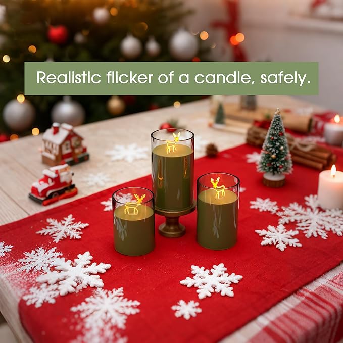 L LOHAS LED Electronic Candle Night Lights with Remote, 3-Pack Reindeer LED Flameless Candles, Battery Operated Flickering Night Light, 5 Brightness Levels & Timer, for Holiday Home Decor