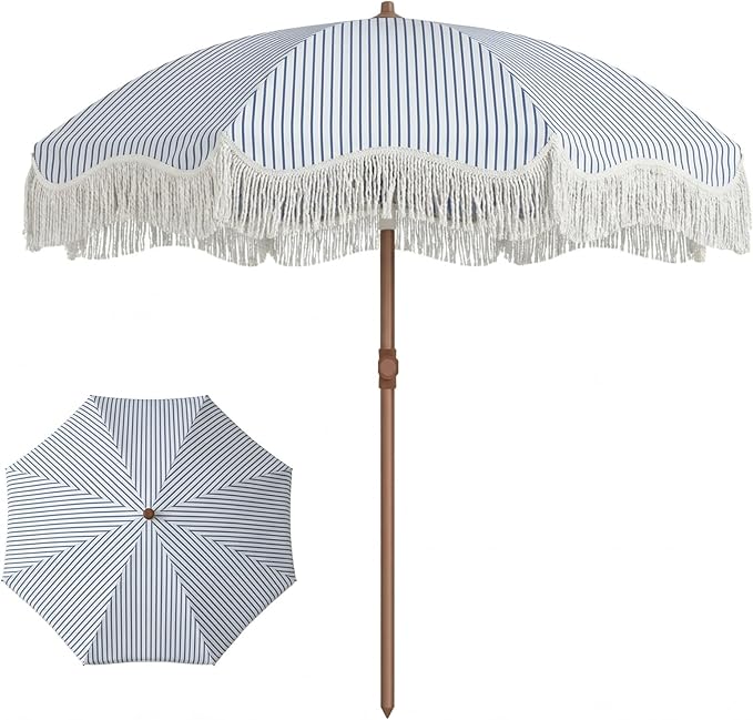 7ft Patio Umbrella with Fringe, Boho Beach Umbrellas, Outdoor Tassels Umbrellas with Push Button Tilt & Carrying Bag, 8 Windproof Fiberglass Ribs, UPF50+